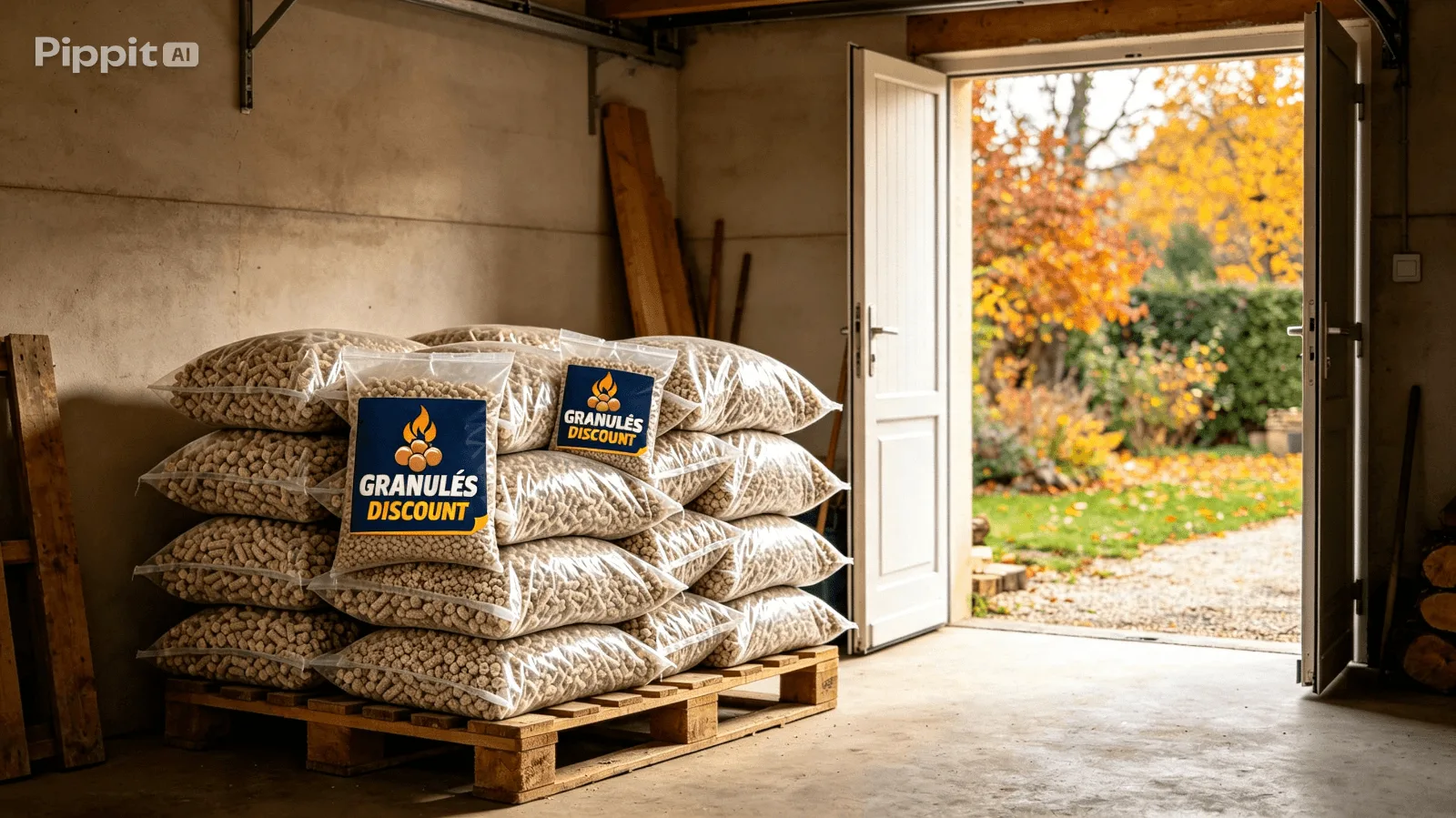 Sacs de granulés de bois Granulés Discount empilés sur une palette dans un garage ouvert sur un jardin aux couleurs d’automne.