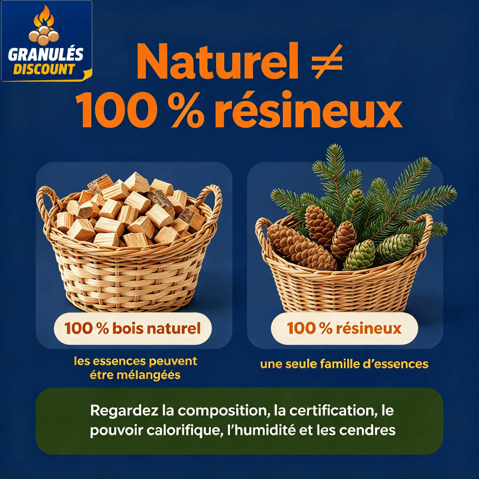 Comparatif : « 100 % bois naturel » peut désigner un mélange d’essences, tandis que « 100 % résineux » désigne uniquement des résineux. Vérifiez la composition, la certification, le pouvoir calorifique, l’humidité et les cendres.